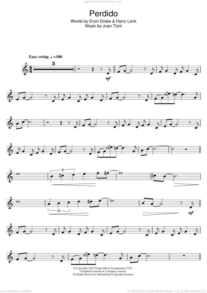 Perdido sheet music for trumpet solo by Duke Ellington, Ervin Drake, Harry Lenk and Juan Tizol, intermediate skill level