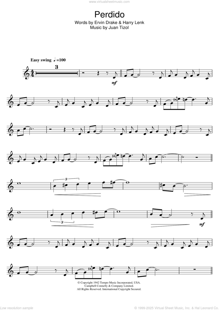 Perdido sheet music for trumpet solo by Duke Ellington, Ervin Drake, Harry Lenk and Juan Tizol, intermediate skill level