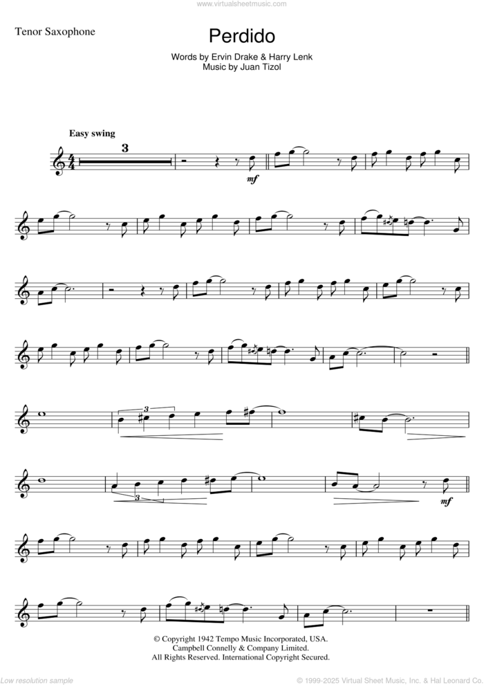 Perdido sheet music for tenor saxophone solo by Duke Ellington, Ervin Drake, Harry Lenk and Juan Tizol, intermediate skill level