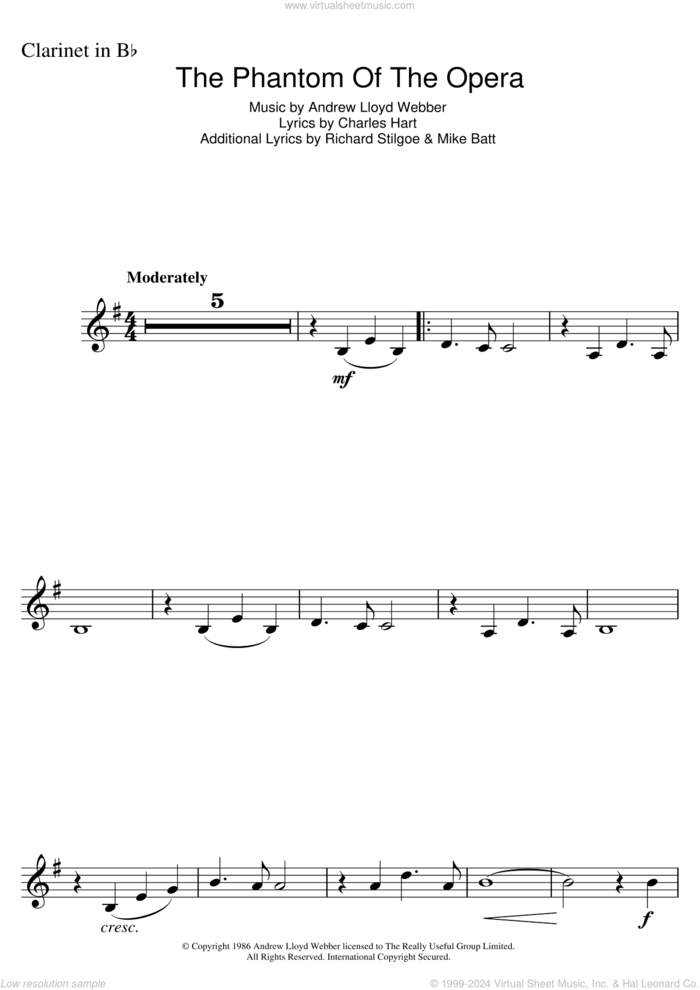 The Phantom Of The Opera sheet music for clarinet solo by Andrew Lloyd Webber and Charles Hart, intermediate skill level