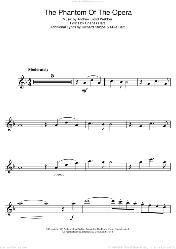 The Phantom Of The Opera sheet music for flute solo by Andrew Lloyd Webber and Charles Hart, intermediate skill level