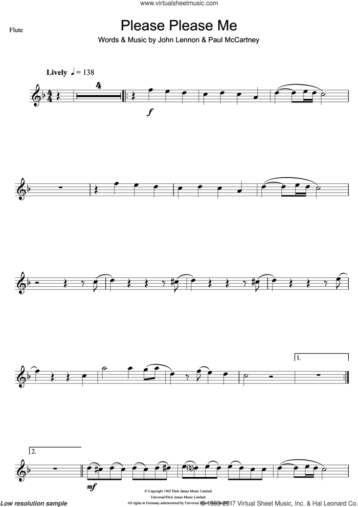 Please Please Me sheet music for flute solo by The Beatles, John Lennon and Paul McCartney, intermediate skill level