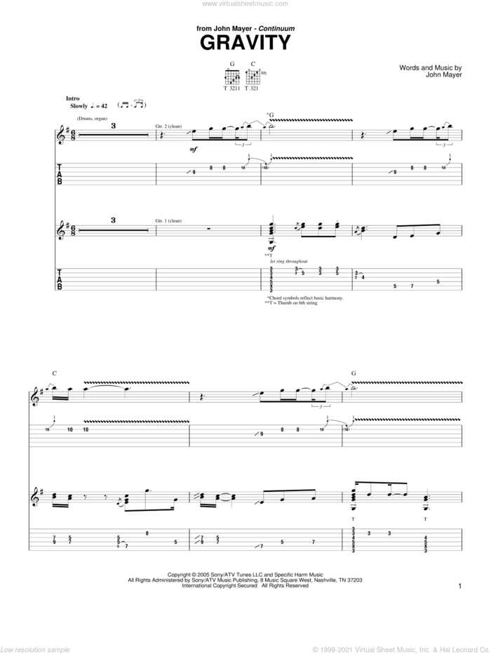 Gravity sheet music for guitar (tablature) by John Mayer, intermediate skill level