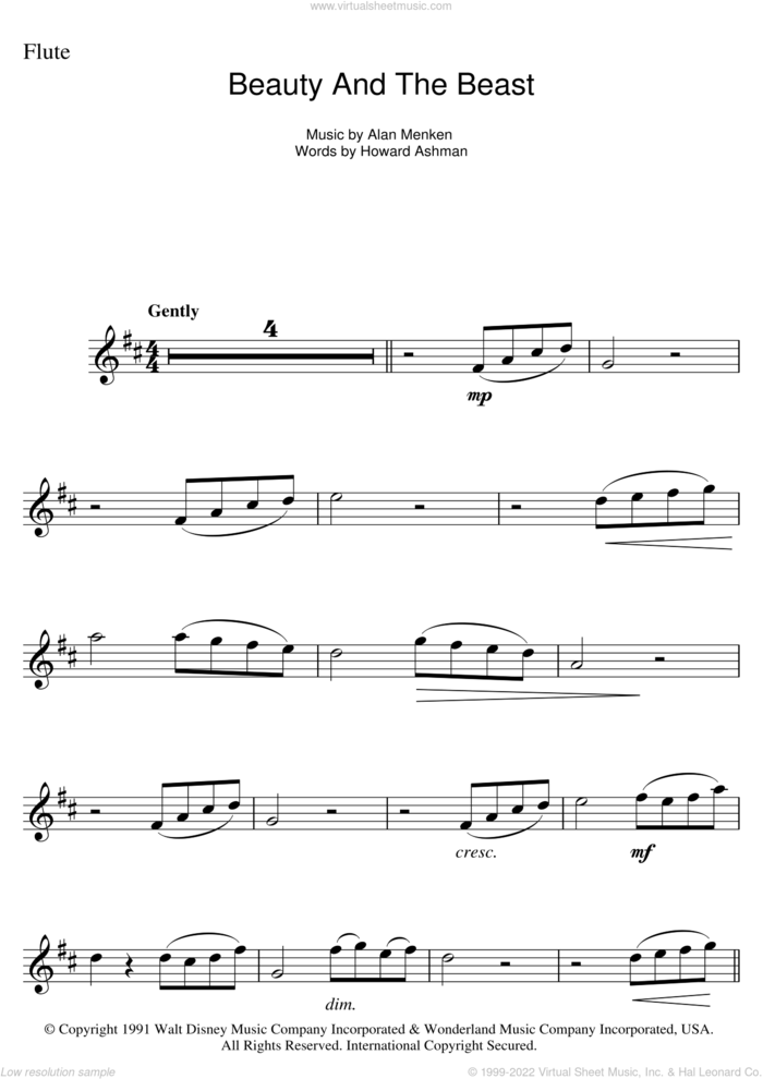Beauty And The Beast sheet music for flute solo by Alan Menken, Alan Menken & Howard Ashman and Howard Ashman, intermediate skill level