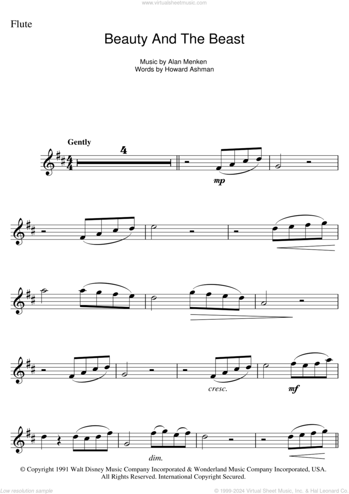 Beauty And The Beast sheet music for flute solo by Alan Menken, Alan Menken & Howard Ashman and Howard Ashman, wedding score, intermediate skill level