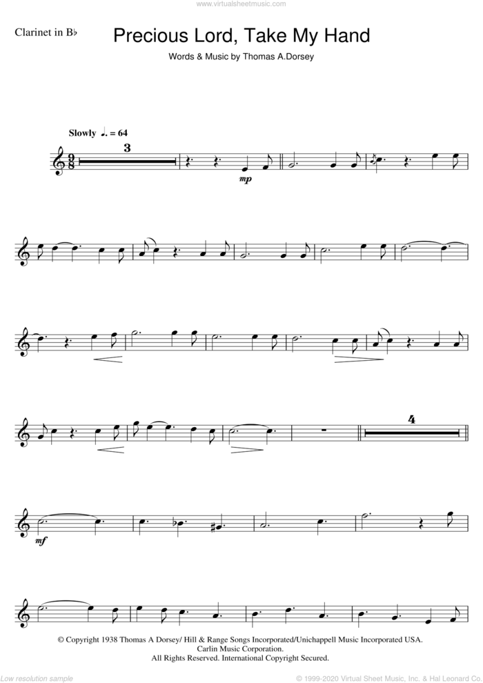 Precious Lord, Take My Hand (Take My Hand, Precious Lord) sheet music for clarinet solo by Aretha Franklin and Tommy Dorsey, intermediate skill level