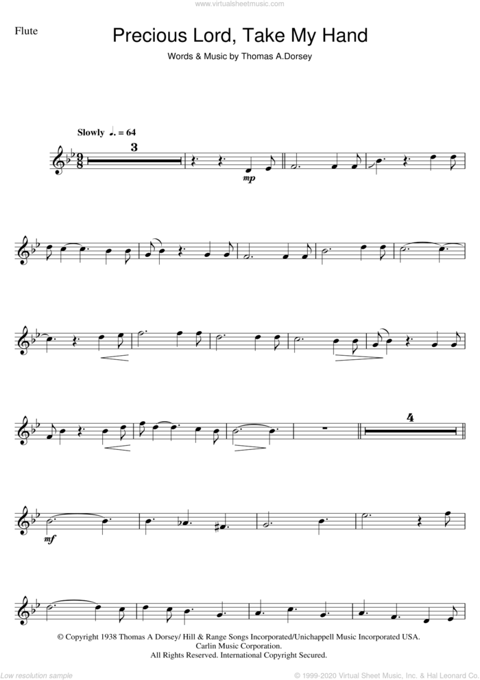 Precious Lord, Take My Hand (Take My Hand, Precious Lord) sheet music for flute solo by Aretha Franklin and Tommy Dorsey, intermediate skill level