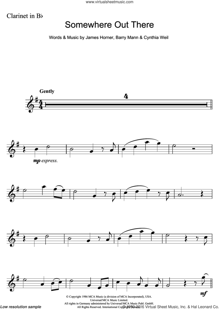 Somewhere Out There (from An American Tail) sheet music for clarinet solo by James Horner, Barry Mann and Cynthia Weil, intermediate skill level