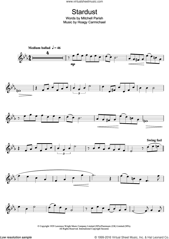 Stardust sheet music for tenor saxophone solo by Hoagy Carmichael and Mitchell Parish, intermediate skill level