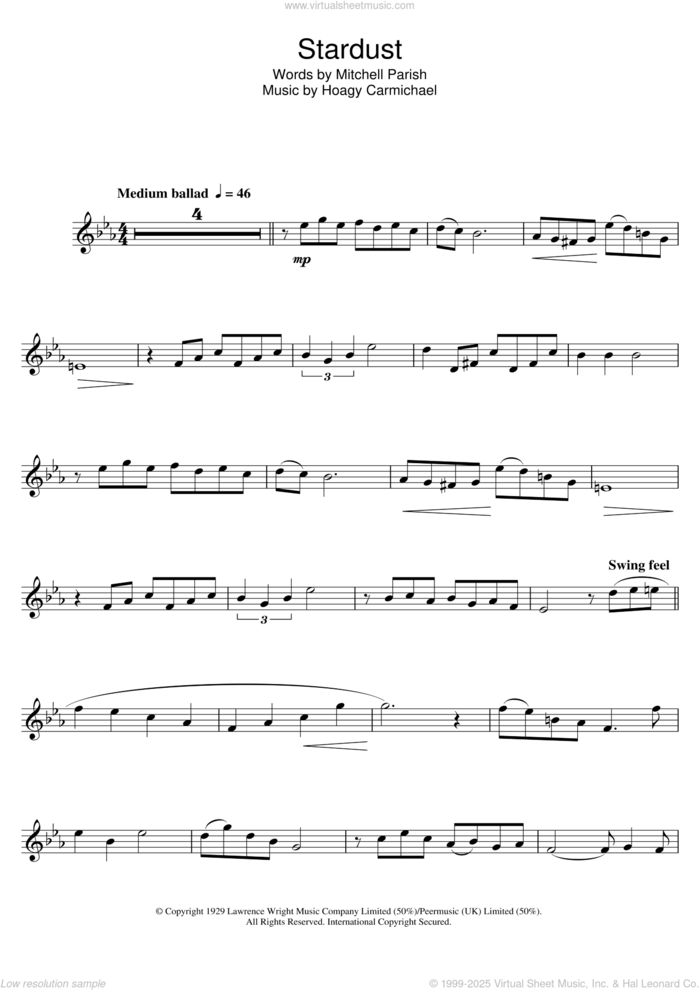 Stardust sheet music for tenor saxophone solo by Hoagy Carmichael and Mitchell Parish, intermediate skill level