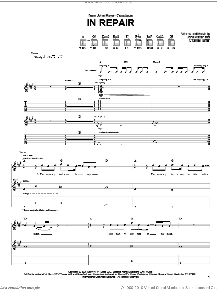 In Repair sheet music for guitar (tablature) by John Mayer and Charlie Hunter, intermediate skill level