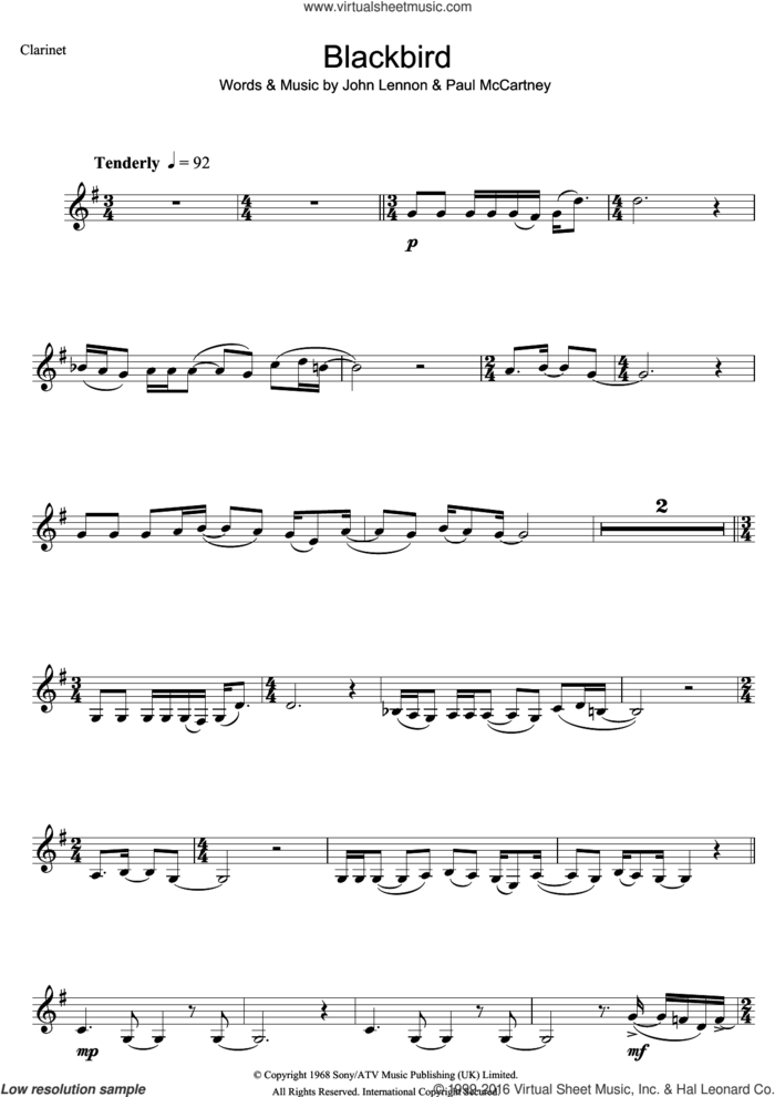 Blackbird sheet music for clarinet solo by The Beatles, John Lennon and Paul McCartney, intermediate skill level