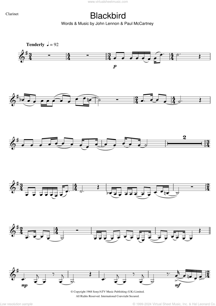 Blackbird sheet music for clarinet solo by The Beatles, John Lennon and Paul McCartney, intermediate skill level