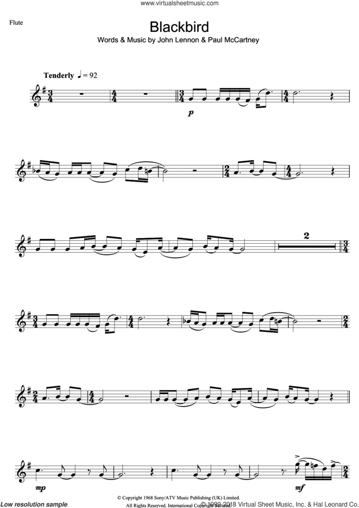 Blackbird sheet music for flute solo by The Beatles, John Lennon and Paul McCartney, intermediate skill level