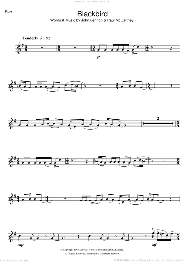 Blackbird sheet music for flute solo by The Beatles, John Lennon and Paul McCartney, intermediate skill level