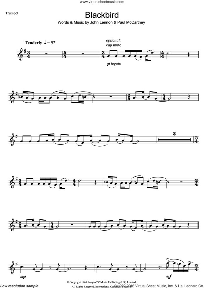 Blackbird sheet music for trumpet solo by The Beatles, John Lennon and Paul McCartney, intermediate skill level