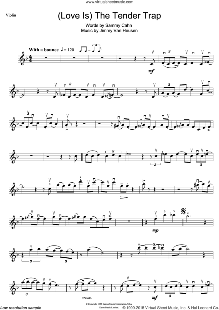 (Love Is) The Tender Trap sheet music for violin solo by Frank Sinatra, Jimmy Van Heusen and Sammy Cahn, intermediate skill level