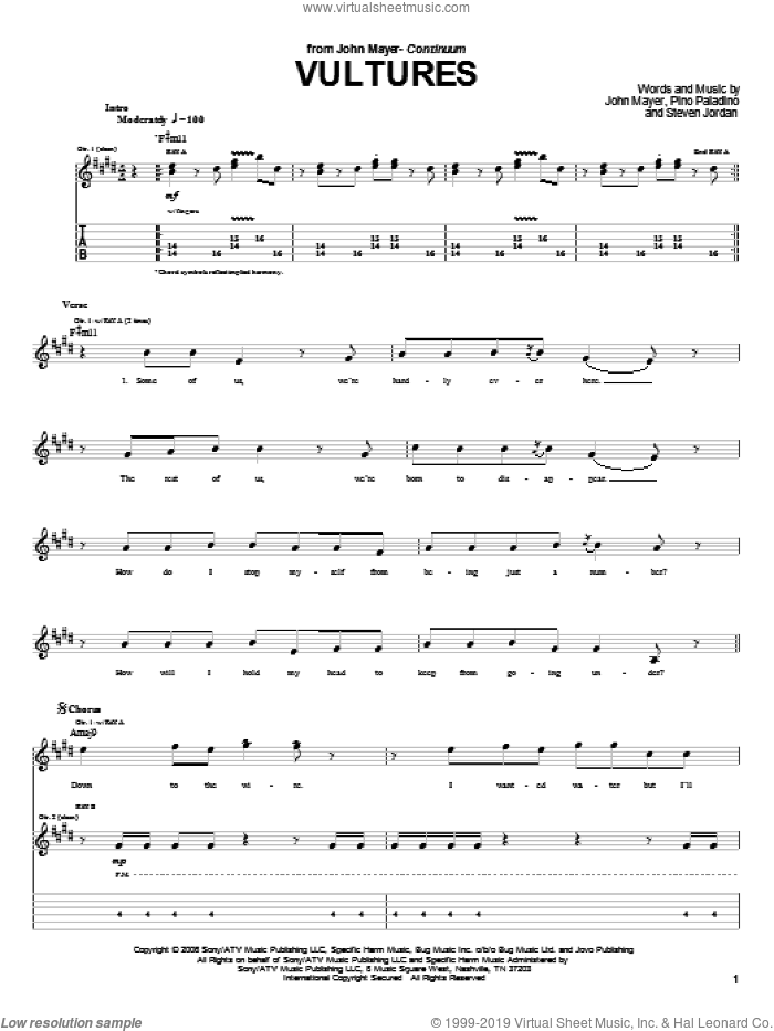 Vultures sheet music for guitar (tablature) by John Mayer, Pino Paladino and Steve Jordan, intermediate skill level