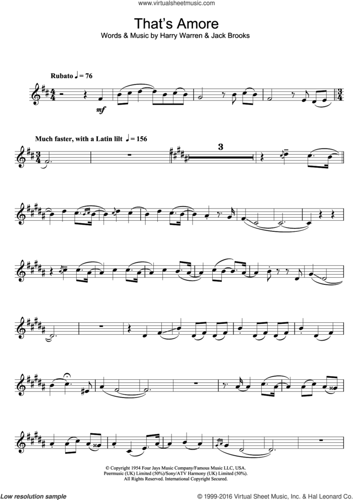 That's Amore sheet music for clarinet solo by Dean Martin, Harry Warren and Jack Brooks, intermediate skill level