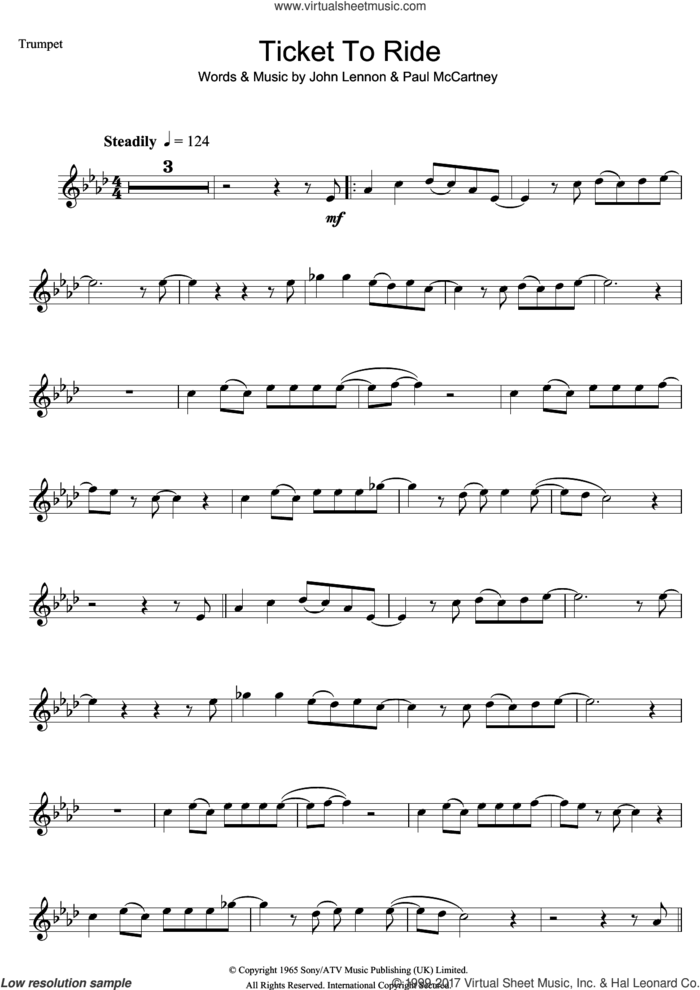 Ticket To Ride sheet music for trumpet solo by The Beatles, John Lennon and Paul McCartney, intermediate skill level