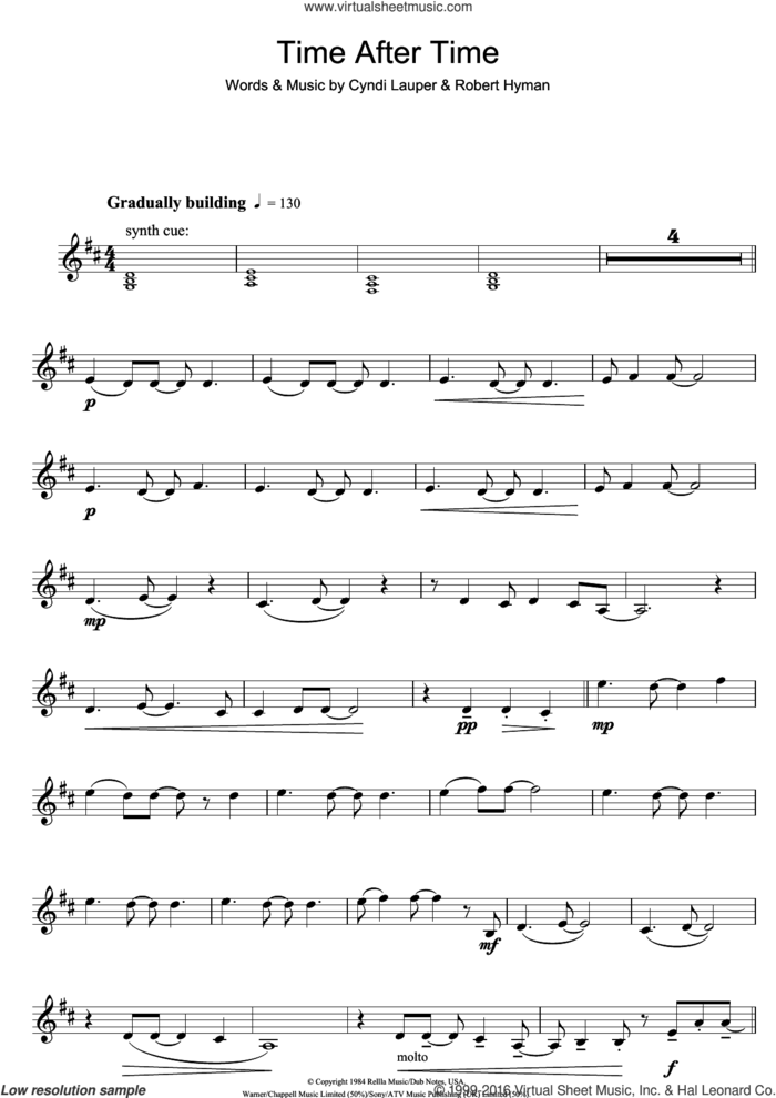Time After Time sheet music for clarinet solo by Cyndi Lauper and Rob Hyman, intermediate skill level
