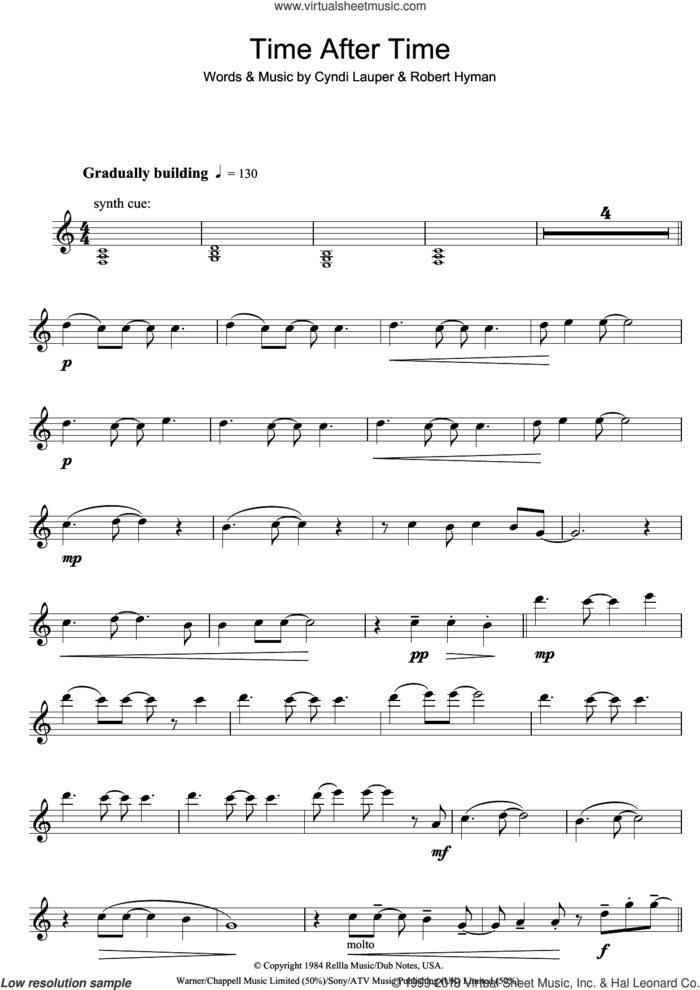 Time After Time sheet music for flute solo by Cyndi Lauper and Rob Hyman, intermediate skill level