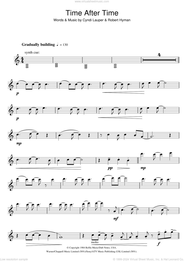 Time After Time sheet music for flute solo by Cyndi Lauper and Rob Hyman, intermediate skill level