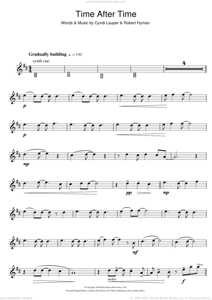 Time After Time sheet music for tenor saxophone solo by Cyndi Lauper and Rob Hyman, intermediate skill level