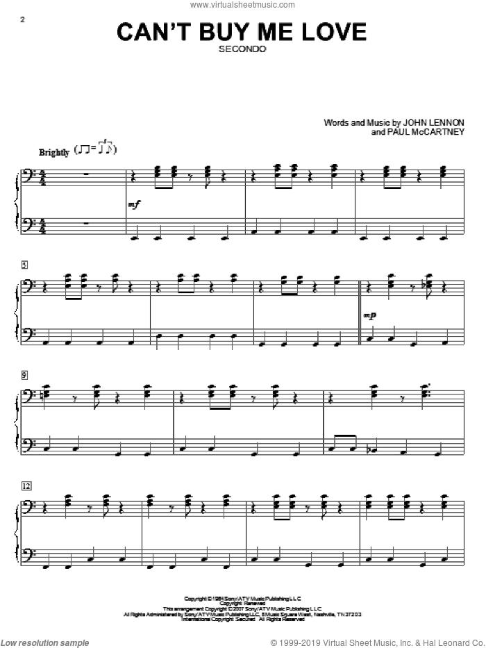 Can't Buy Me Love sheet music for piano four hands by The Beatles, John Lennon and Paul McCartney, intermediate skill level