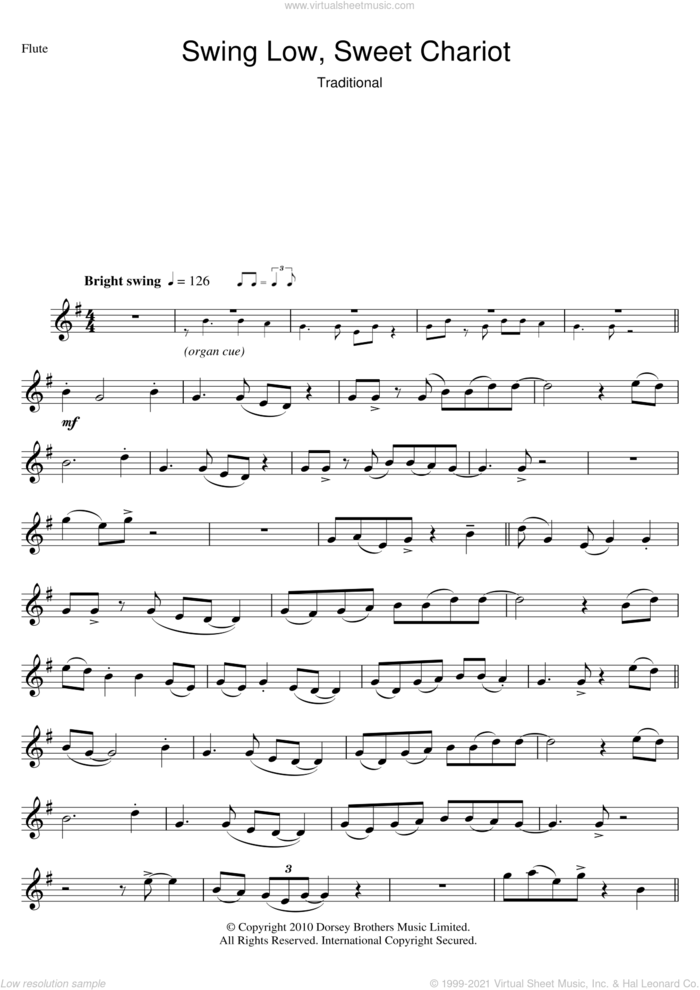 Swing Low, Sweet Chariot sheet music for flute solo, intermediate skill level