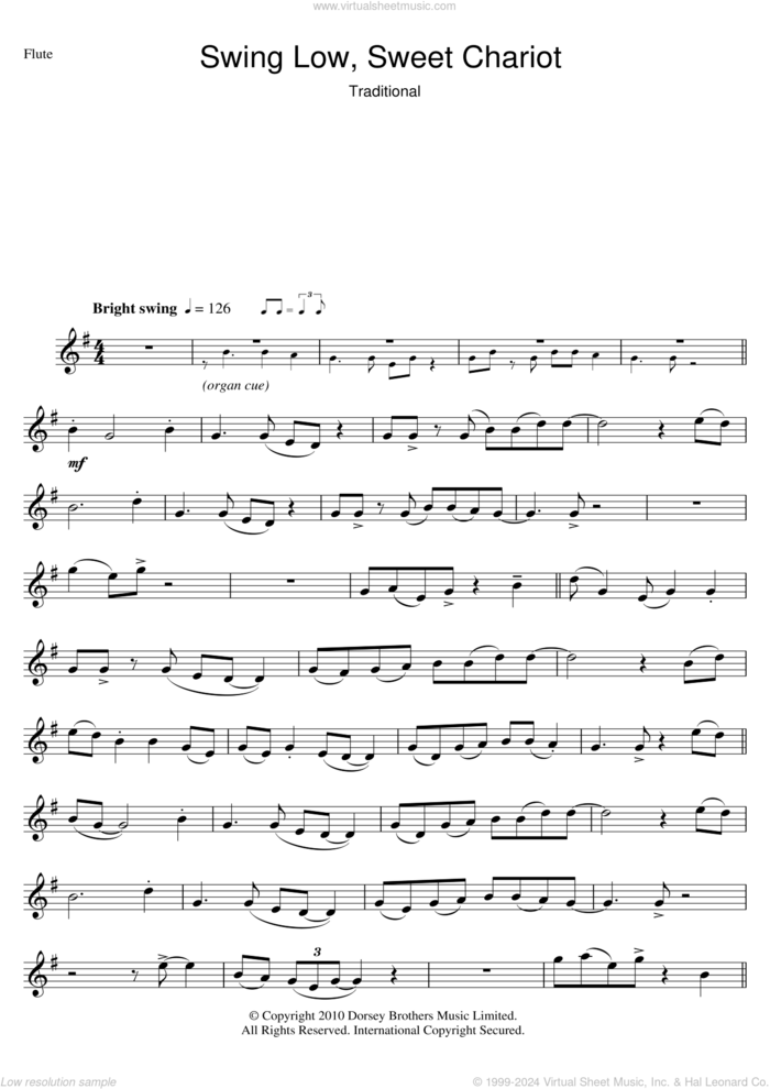 Swing Low, Sweet Chariot sheet music for flute solo, intermediate skill level