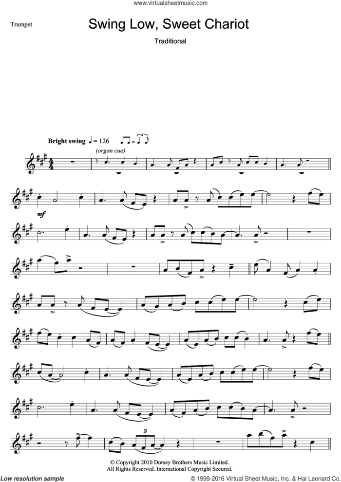 Swing Low, Sweet Chariot sheet music for trumpet solo, intermediate skill level