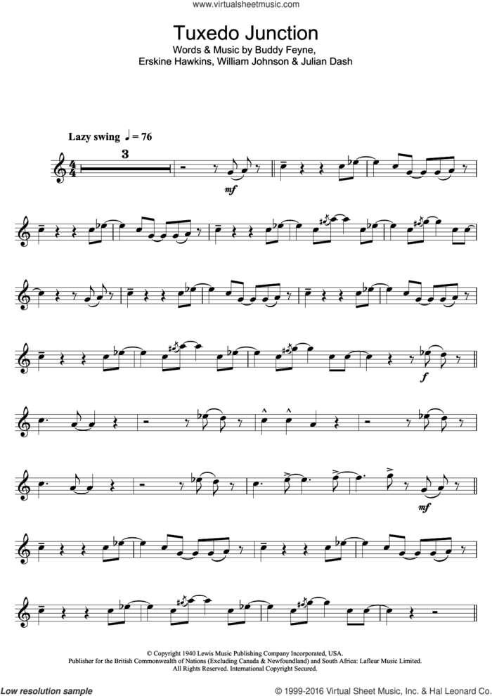 Tuxedo Junction sheet music for clarinet solo by Glenn Miller, Buddy Feyne, Erskine Hawkins, Julian Dash and William Johnson, intermediate skill level