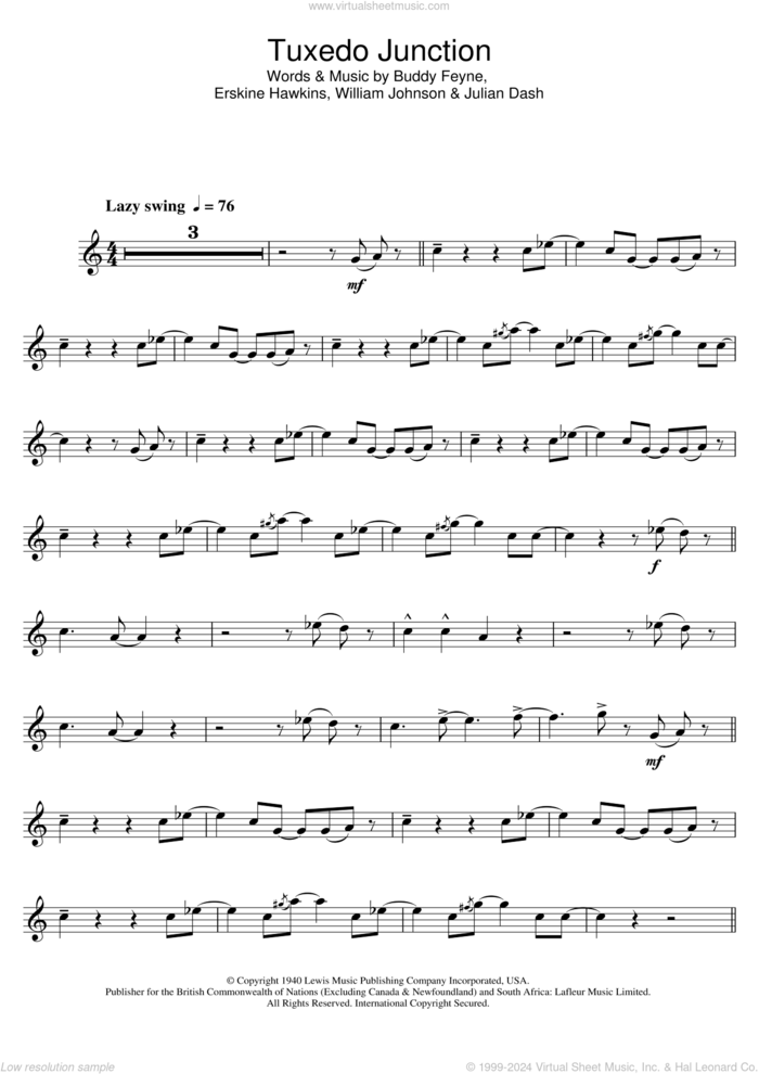 Tuxedo Junction sheet music for clarinet solo by Glenn Miller, Buddy Feyne, Erskine Hawkins, Julian Dash and William Johnson, intermediate skill level