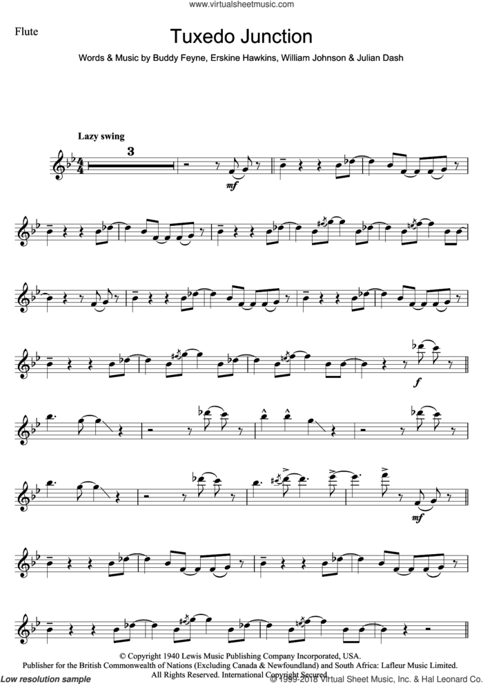 Tuxedo Junction sheet music for flute solo by Glenn Miller, Buddy Feyne, Erskine Hawkins, Julian Dash and William Johnson, intermediate skill level
