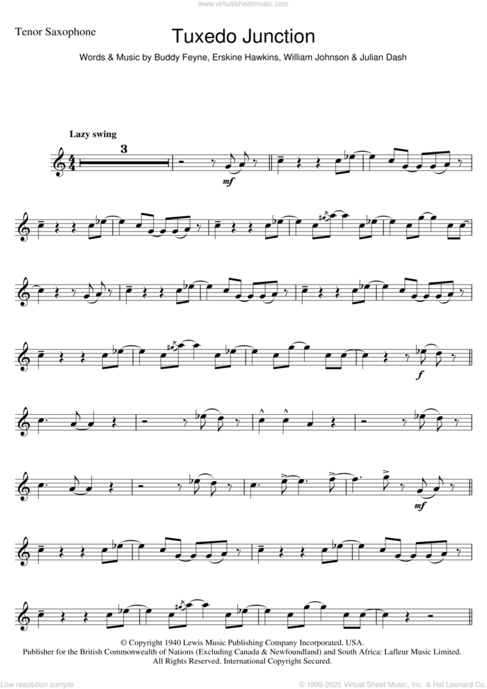 Tuxedo Junction sheet music for tenor saxophone solo by Glenn Miller, Buddy Feyne, Erskine Hawkins, Julian Dash and William Johnson, intermediate skill level