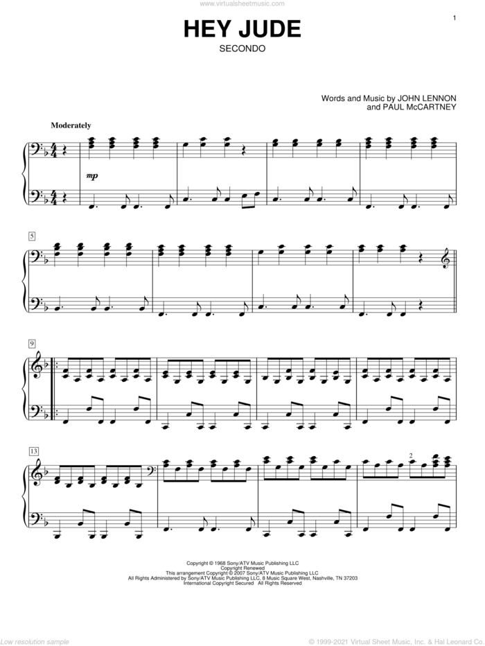 Hey Jude sheet music for piano four hands by The Beatles, John Lennon and Paul McCartney, intermediate skill level