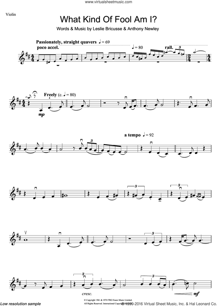 What Kind Of Fool Am I sheet music for violin solo by Frank Sinatra, Anthony Newley and Leslie Bricusse, intermediate skill level
