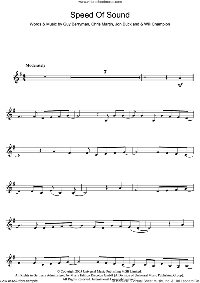 Speed Of Sound sheet music for clarinet solo by Coldplay, Chris Martin, Guy Berryman, Jonny Buckland and Will Champion, intermediate skill level