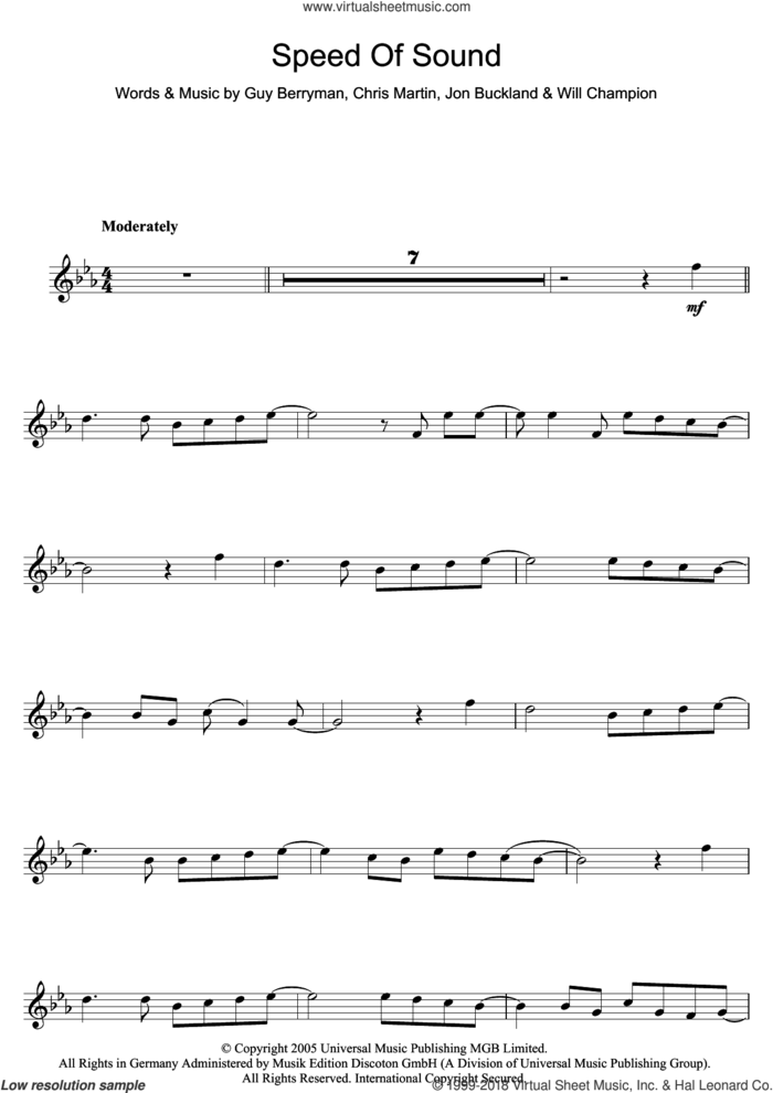Speed Of Sound sheet music for flute solo by Coldplay, Chris Martin, Guy Berryman, Jonny Buckland and Will Champion, intermediate skill level