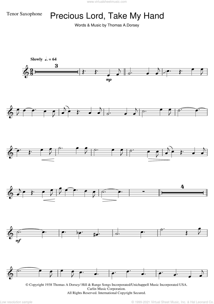 Precious Lord, Take My Hand (Take My Hand, Precious Lord) sheet music for tenor saxophone solo by Aretha Franklin and Tommy Dorsey, intermediate skill level