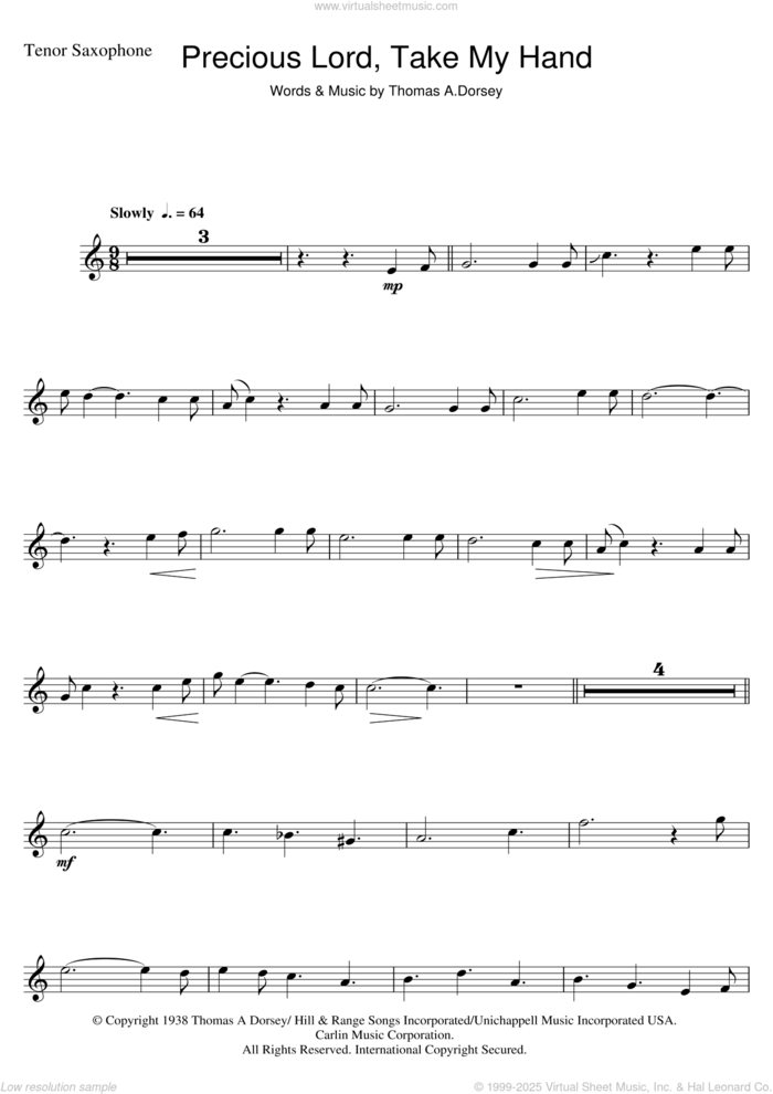 Precious Lord, Take My Hand (Take My Hand, Precious Lord) sheet music for tenor saxophone solo by Aretha Franklin and Tommy Dorsey, intermediate skill level