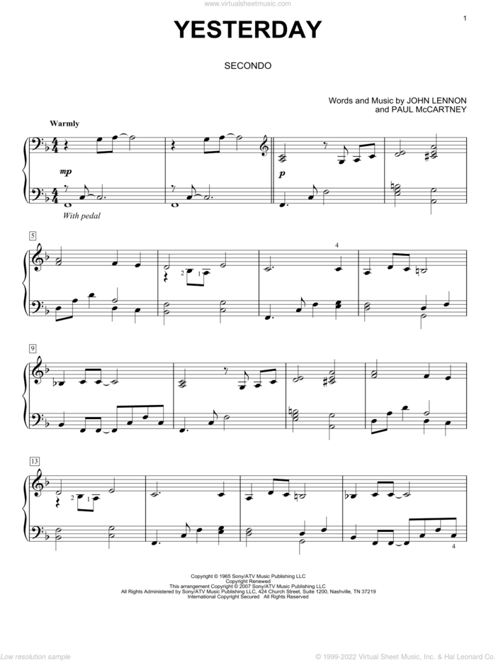 Yesterday sheet music for piano four hands by The Beatles, John Lennon and Paul McCartney, intermediate skill level