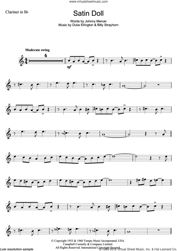 Satin Doll sheet music for clarinet solo by Duke Ellington, Nina Simone, Billy Strayhorn and Johnny Mercer, intermediate skill level