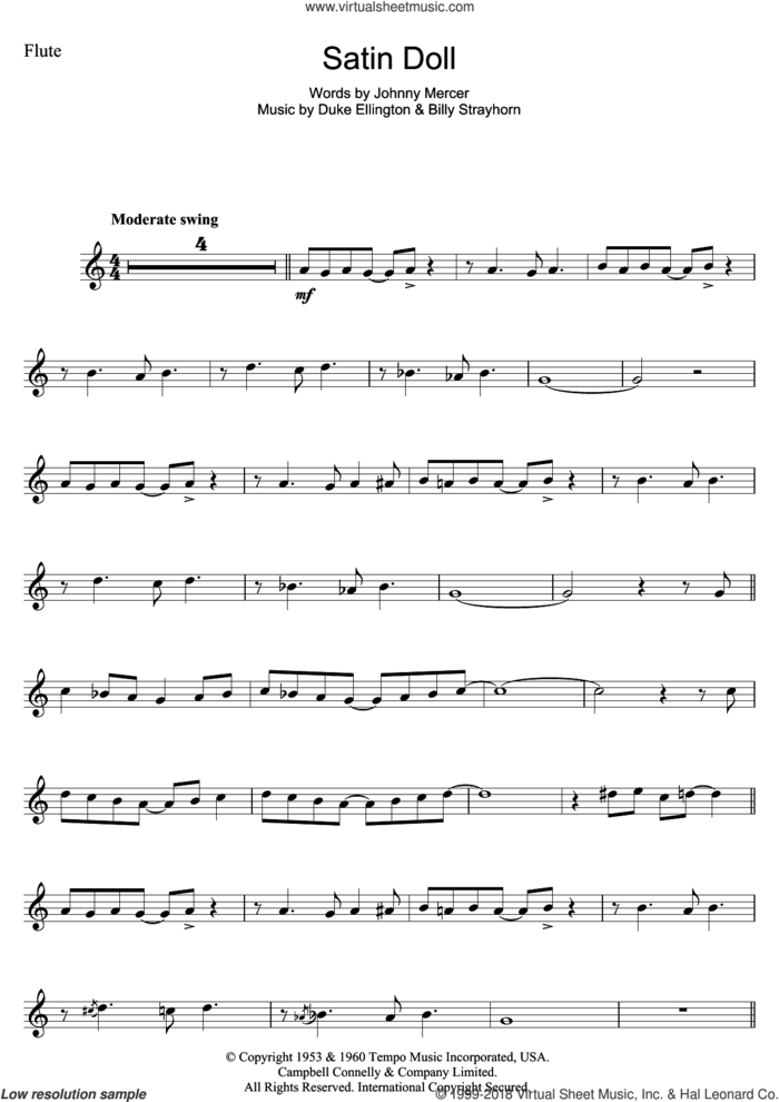 Satin Doll sheet music for flute solo by Duke Ellington, Nina Simone, Billy Strayhorn and Johnny Mercer, intermediate skill level