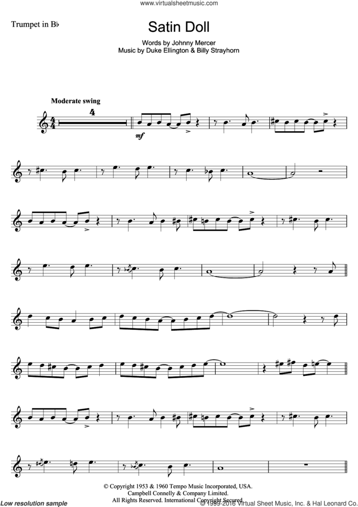 Satin Doll sheet music for trumpet solo by Duke Ellington, Nina Simone, Billy Strayhorn and Johnny Mercer, intermediate skill level