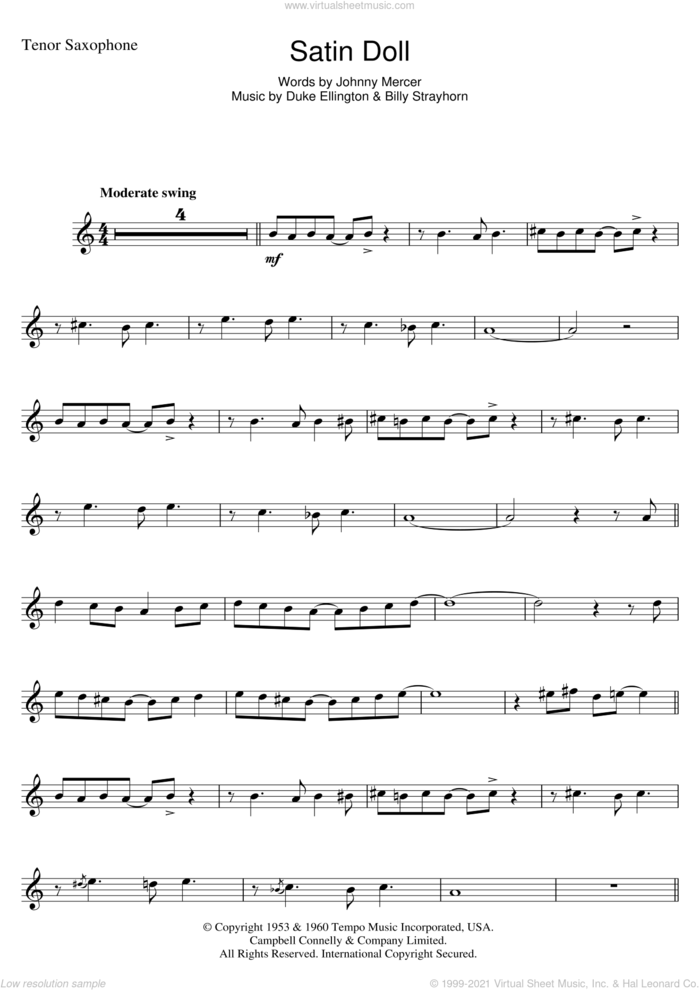 Satin Doll sheet music for tenor saxophone solo by Duke Ellington, Nina Simone, Billy Strayhorn and Johnny Mercer, intermediate skill level