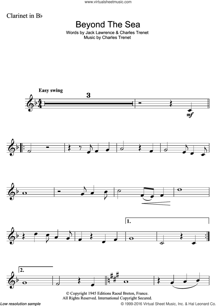 Beyond The Sea (from Finding Nemo) sheet music for clarinet solo by Robbie Williams, Wet Wet Wet, Charles Trenet and Jack Lawrence, intermediate skill level