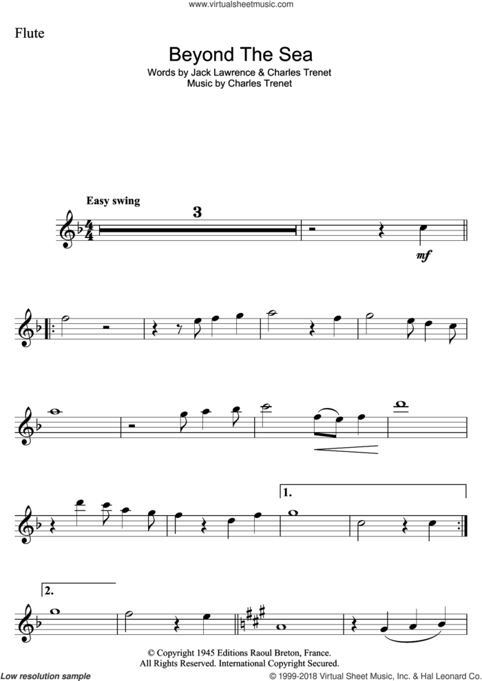 Beyond The Sea (from Finding Nemo) sheet music for flute solo by Robbie Williams, Wet Wet Wet, Charles Trenet and Jack Lawrence, intermediate skill level