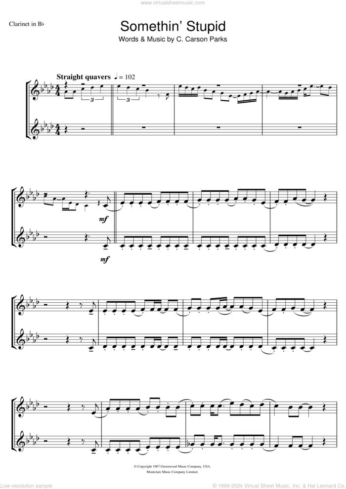 Somethin' Stupid sheet music for clarinet solo by Frank Sinatra, Nancy Sinatra, Nicole Kidman, Robbie Williams and C. Carson Parks, intermediate skill level